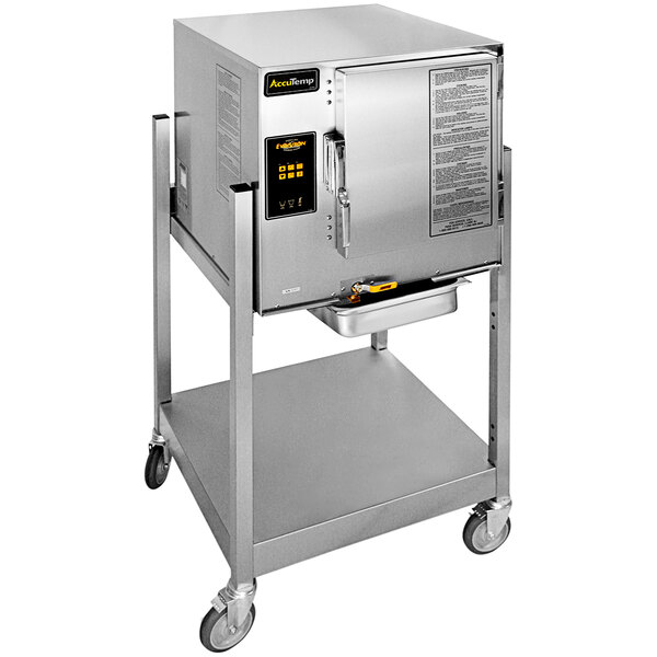 An AccuTemp Evolution stand-mounted electric steamer on wheels.