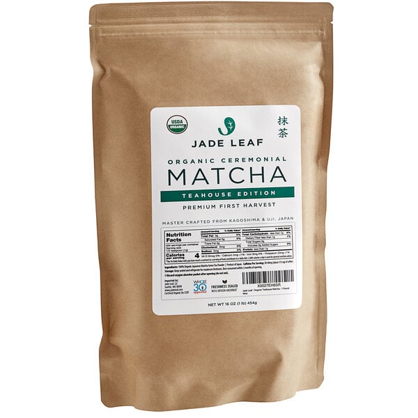 A bag of Jade Leaf Organic Ceremonial Matcha Tea Powder with a label.