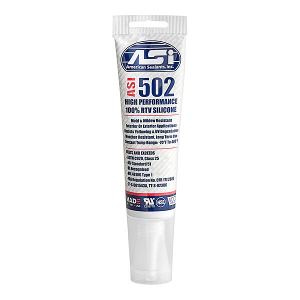 An American Sealants 2.8 oz. white tube of clear silicone sealant with blue text.