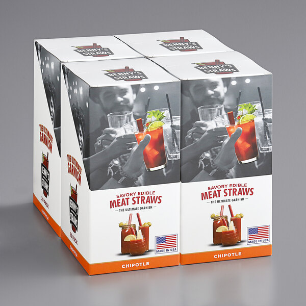 Three boxes of Benny's Original Smokin' Chipotle Meat Straws on a table in a cocktail bar.