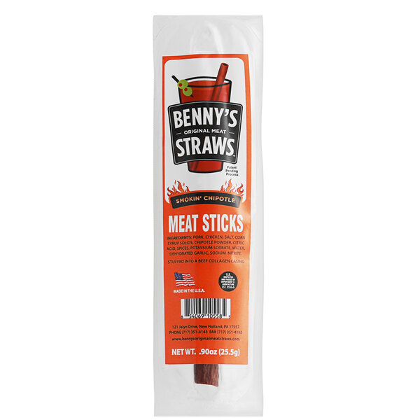 A package of Benny's Original Smokin' Chipotle Meat Sticks with individually-wrapped meat straws inside.