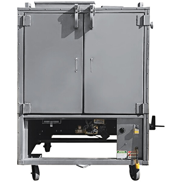 A grey metal cabinet with wheels and a door.