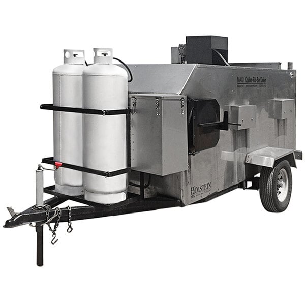 A large metal trailer with a white door and black belt.