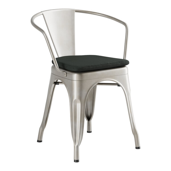A Lancaster Table & Seating metal restaurant chair with black fabric cushion.