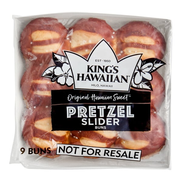 A package of King's Hawaiian Original Hawaiian Sweet Pretzel Slider Buns containing nine buns.