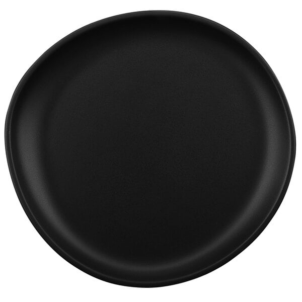 A dark gray melamine coupe plate with a circular rim.