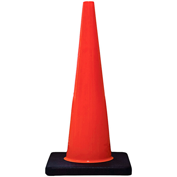 A close-up of a Cortina orange traffic cone on a black base.