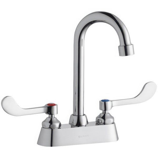 A silver Zurn Elkay deck-mount faucet with 4" gooseneck swing spout and red and blue wristblade knobs.