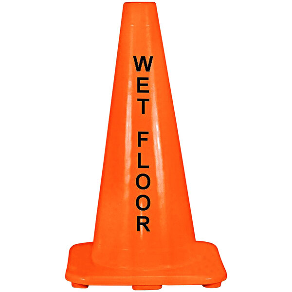 An orange Cortina traffic cone with a double-sided "Wet Floor" stencil.