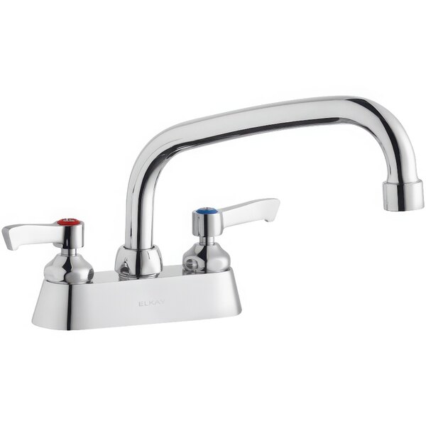 A silver Zurn Elkay deck-mount faucet with 2" lever handles and a 8" arc tube swing spout.