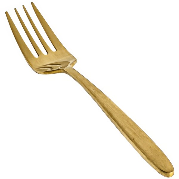 A close-up of a Front of the House Matte Brass Salad / Dessert Fork with a long handle.