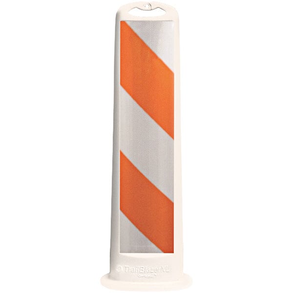 A white and orange striped Cortina Trailblazer vertical panel with white diamond grade stripes.