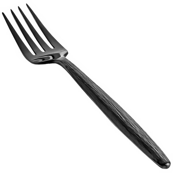 A close-up of a Front of the House Matte Black Salad/Dessert Fork with a black handle.