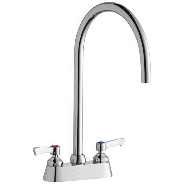 A silver Zurn Elkay deck mount faucet with 2 gooseneck handles.