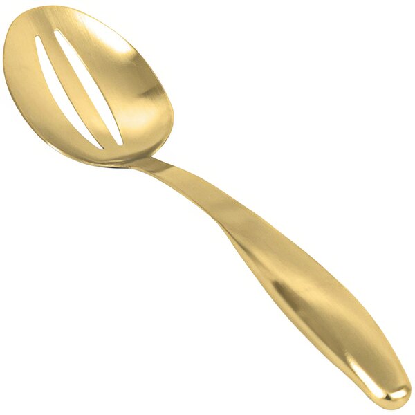 A Front of the House stainless steel slotted serving spoon with a matte brass handle.