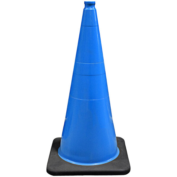 A blue Cortina traffic cone on a black base.