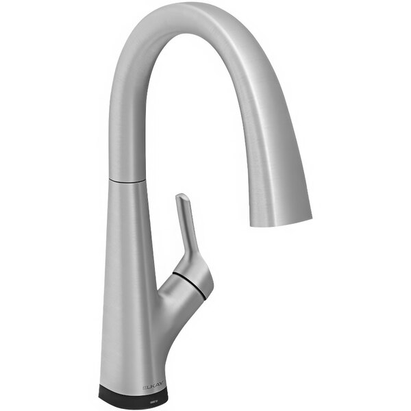 A Zurn Elkay Avado deck-mount kitchen faucet in lustrous steel with a three-function lever handle.