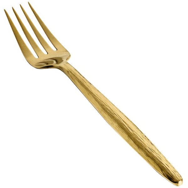 A close-up of a Front of the House Owen stainless steel salad/dessert fork with a matte brass finish on the handle.