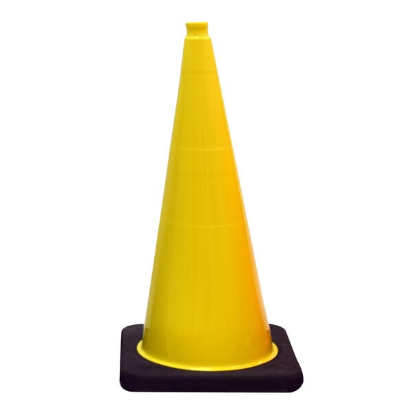 A yellow Cortina traffic cone on a black base.