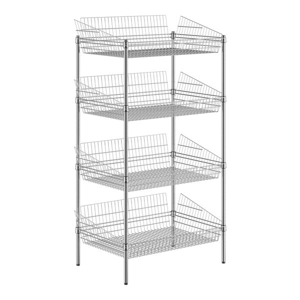 A Regency chrome wire rack with 4 baskets on it.