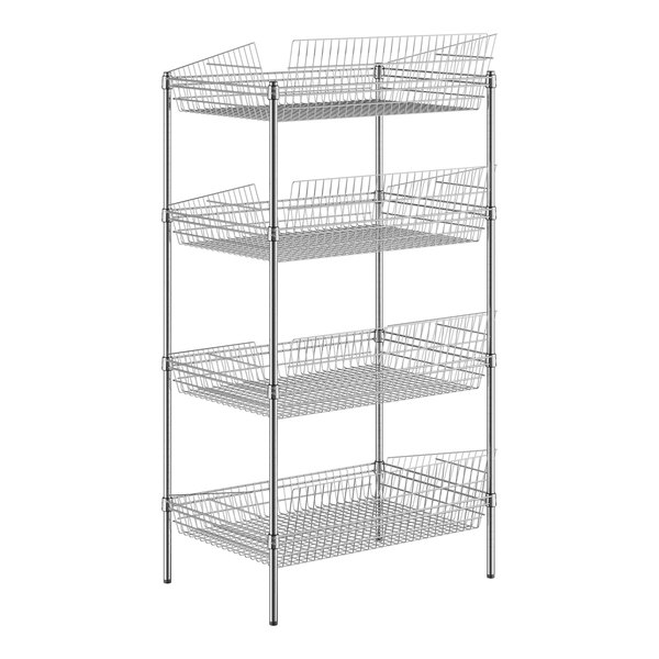 A Regency chrome wire rack with 4 baskets on shelves.