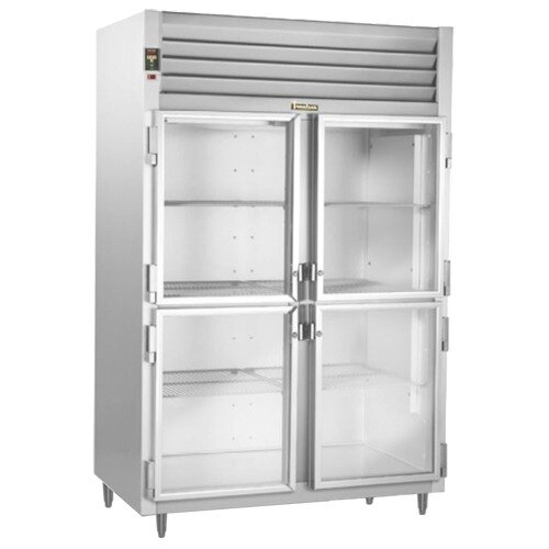 A Traulsen white stainless steel holding cabinet with glass doors.