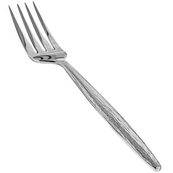 The front of a silver Front of the House Owen stainless steel dinner fork with a long handle.