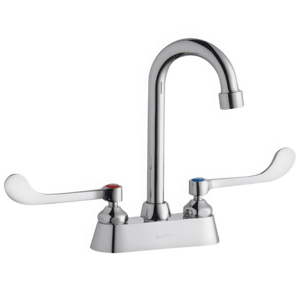 A silver Zurn Elkay deck-mount faucet with two gooseneck spouts and wristblade handles.