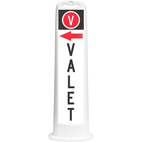 A white rectangular Cortina parking sign with black letters reading "Valet" and a left arrow.