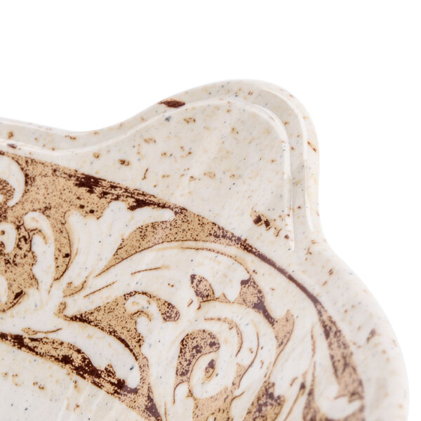 A white melamine bowl with brown accent stripes.