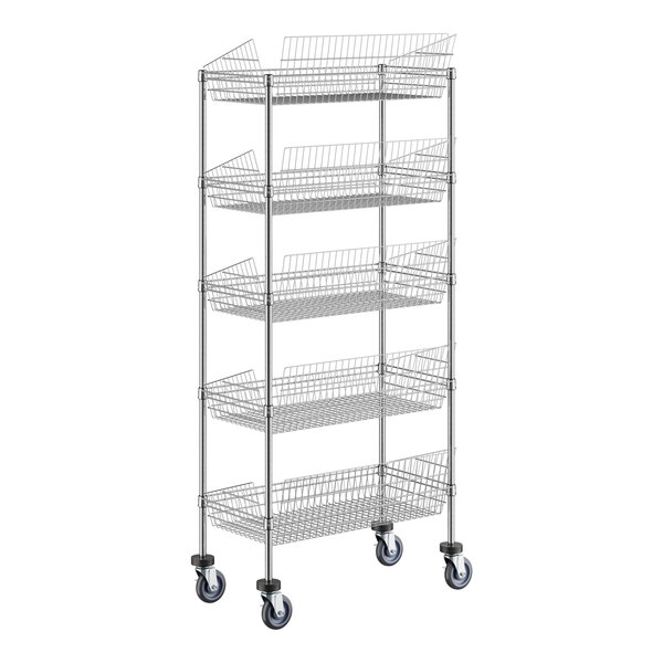 A Regency chrome metal mobile retail display rack with 5 baskets on wheels.