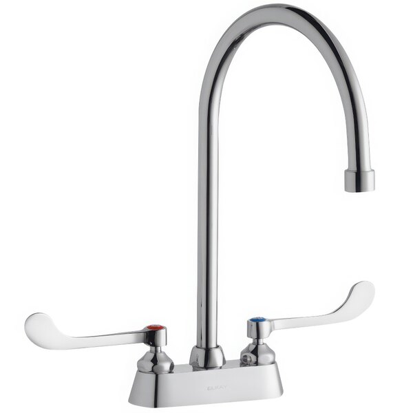 A silver Zurn deck-mount faucet with gooseneck spout and wristblade handles.