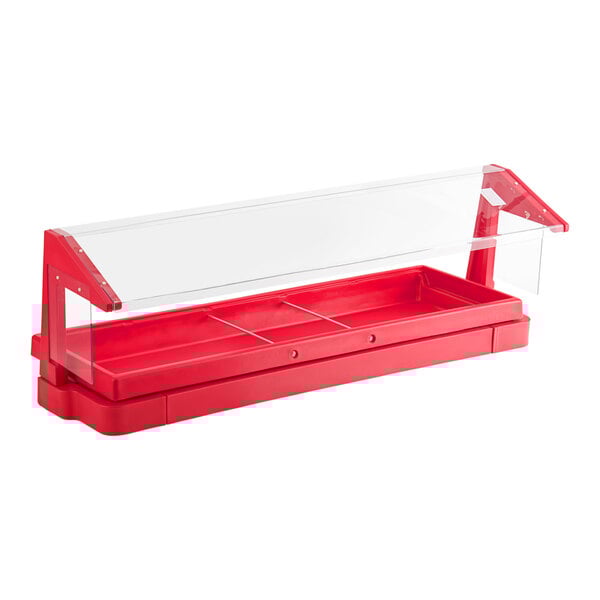 A red buffet or salad bar with a free-standing clear sneeze guard.