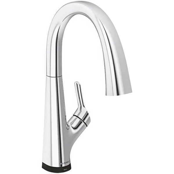 A silver Zurn Elkay deck-mount kitchen faucet with a black lever handle.