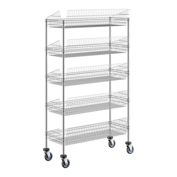 A Regency chrome metal retail display stand with baskets on wheels.