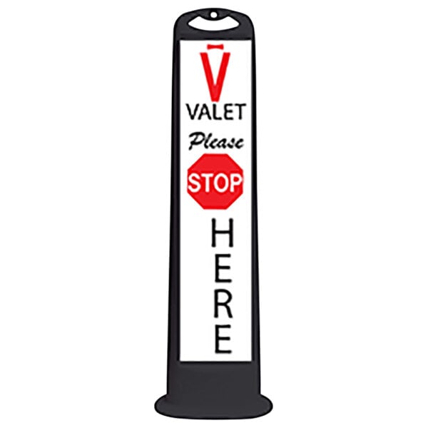 A black vertical valet panel with white text that says "Please Stop Here" with a red stop sign.