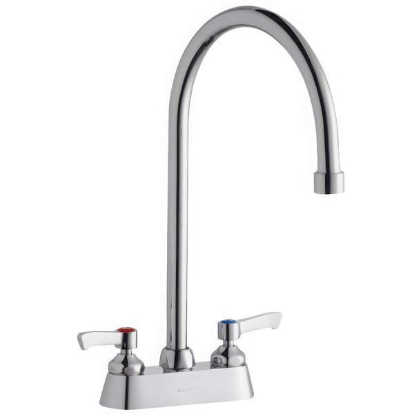 A silver Zurn Elkay deck-mount faucet with 8" gooseneck spout and 2 lever handles.