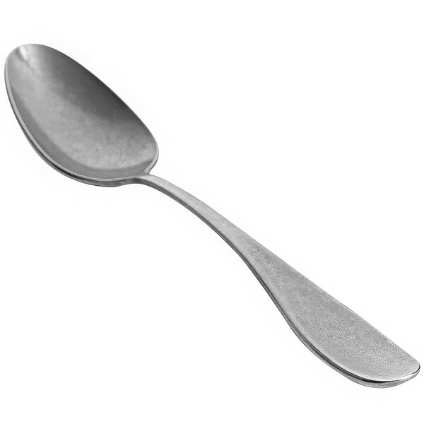 A Front of the House Cameron stainless steel dinner/dessert spoon with a silver handle on a white background.