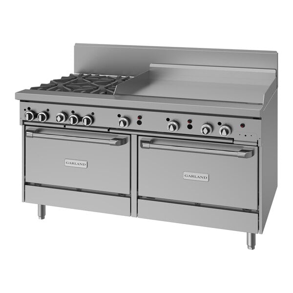 A large commercial stainless steel range with four burners, a 36-inch griddle, and two standard ovens.