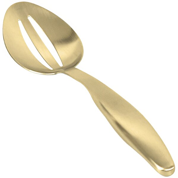 A Front of the House gold slotted serving spoon with a matte handle.