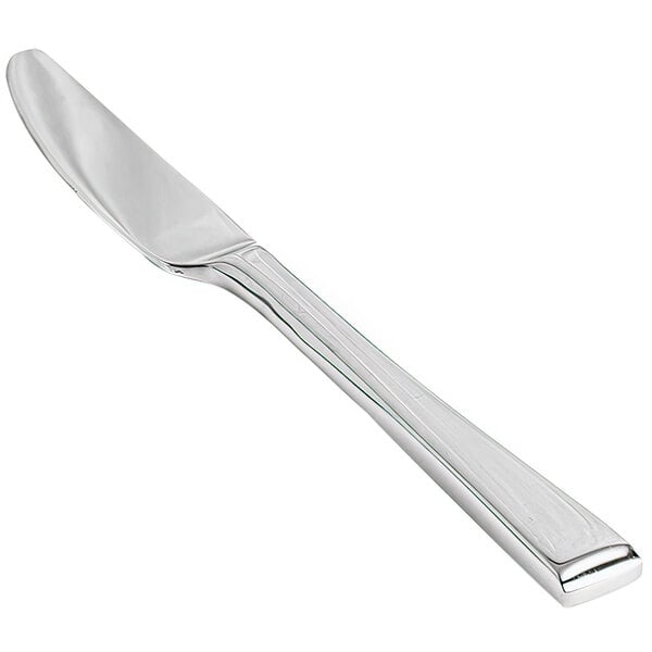 A Front of the House Parker stainless steel dinner knife with a white background.