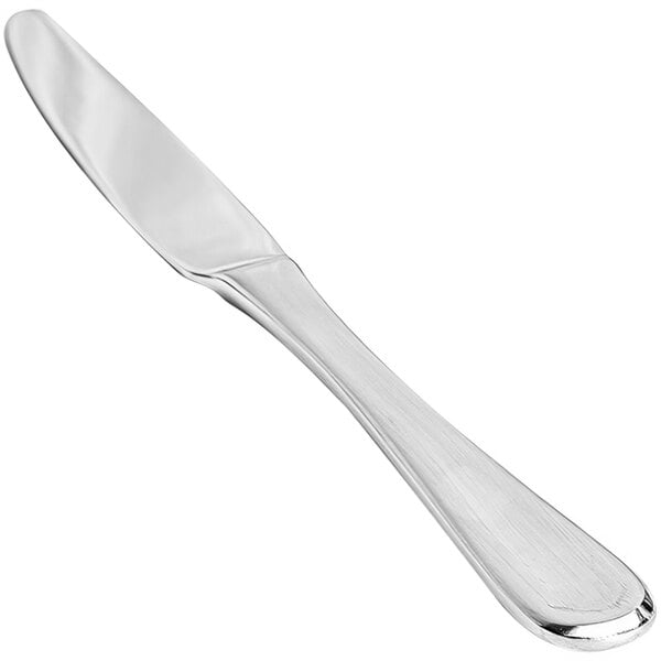 A Front of the House Grant stainless steel dinner knife with a long handle.