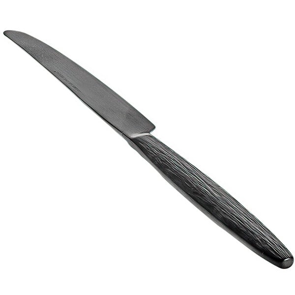 A Front of the House Owen stainless steel dinner knife with a black handle.