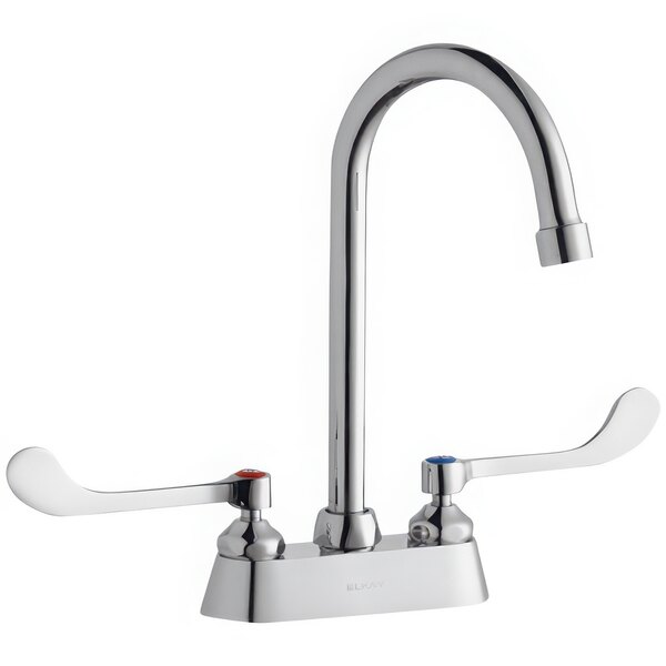 A silver Zurn Elkay deck-mount faucet with 6" wristblade handles and a 5" gooseneck swing spout.