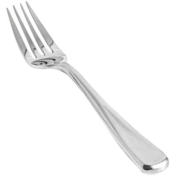 A close-up of the front of a Front of the House stainless steel dinner fork with a silver handle.