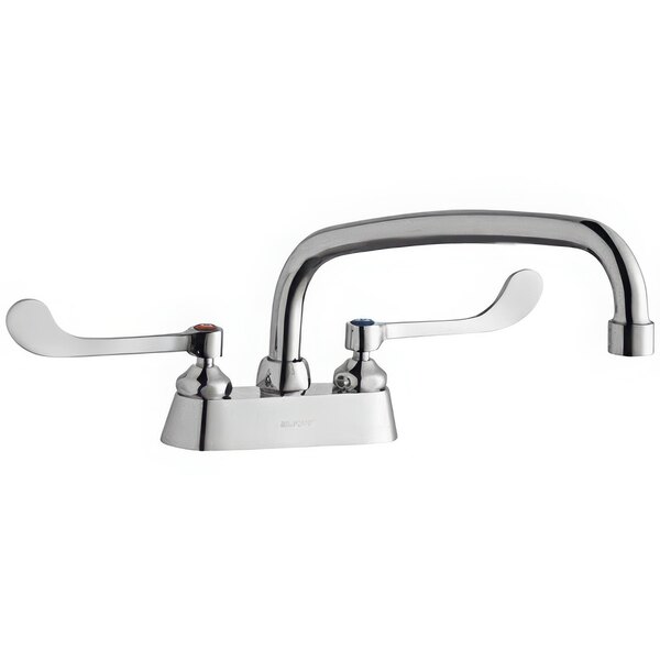 A Zurn Elkay chrome deck-mount faucet with silver wristblade handles and a swing spout.