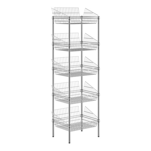 A Regency metal rack with five baskets on it.