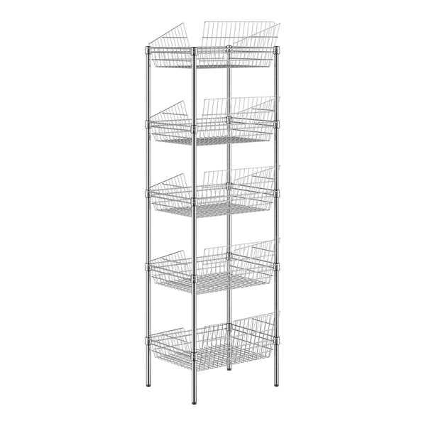 A Regency metal rack with five shelves and baskets on it.