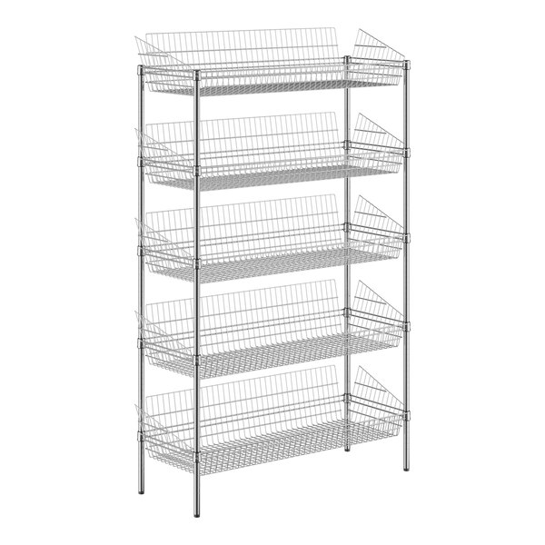 A Regency metal rack with 5 baskets on shelves.