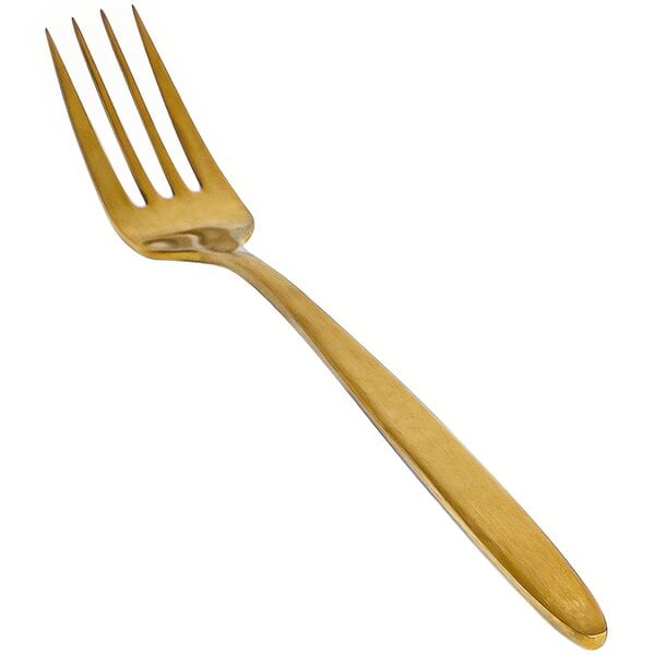 A close-up of a Front of the House Luca stainless steel dinner fork with a matte brass finish.